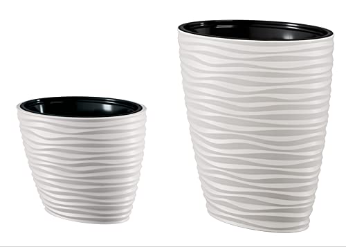 Pflanzkübel Slim Oval 3D Effekt - Wellen - Farbe: Weiß mit Herausnehmbaren Einsatz, Set XL+XXL