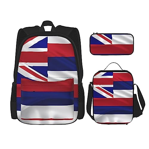 PartyUnix Rucksack mit Flagge von Hawaii, amerikanischer Druck, 3-teilig, Schulranzen mit Lunchbox und Federmäppchen, geeignet für Jungen und Mädchen, Schwarz , Einheitsgröße, Kinderrucksack