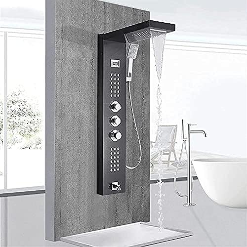 Thermostatisches Duschpaneel, Schwarz, klassisches Edelstahl-Duschsystem mit Handbrause, Massagedüsen, Wasserfall und Regenduschkopf