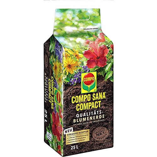 COMPO SANA COMPACT Qualitäts-Blumenerde mit 12 Wochen Dünger für alle Zimmer-, Balkon- und Gartenpflanzen, Kultursubstrat, 25 Liter, Braun