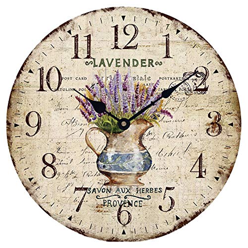 YOAI Wanduhr küchenuhr Vintage Shabby CHIC Antik Nostalgie Rustikale Quarzuhr aus MDF mit lautlosem Uhrwerk,12 Zoll/30CM Ø (Lavendel im Topf)