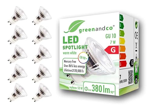 GreenAndCo 10x CRI97+ 2700K 36° LED Spot ersetzt 53 Watt GU10 Halogenstrahler, 7W 380 Lumen warmweiß SMD LED Strahler 230V AC nicht dimmbar, flimmerfrei, 2 Jahre Garantie