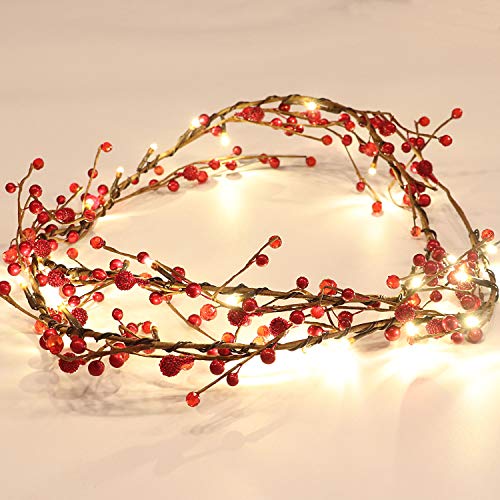 Set mit 2 roten Beerenzeigen vorbeleuchteten Weihnachtsgirlanden mit 30 LED-Lichtern, batteriebetriebene Lichterkette mit Timer-Funktion für Party-Event-Dekoration, 1,8 m