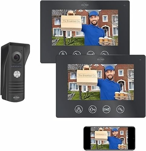 ELRO DV50-P1M2 DV50 IP WiFi Türsprechanlage-mit 2X 7 Zoll Farbbildschirm-Anzeigen und Kommunizieren via App, Schwarz, Mit 2 Monitoren