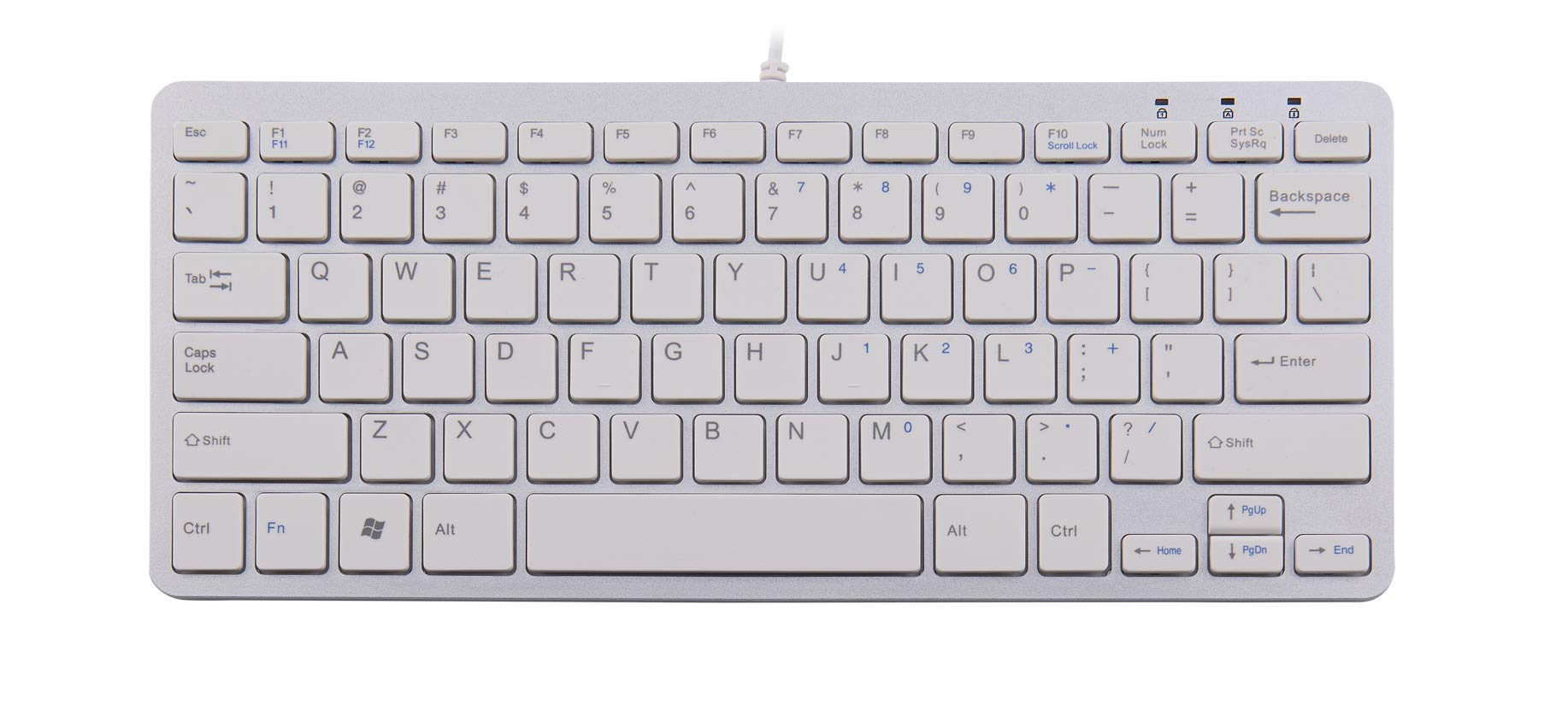 R-Go Kompakte Ergonomische Tastatur - QWERTY (US) Natürliche Tastatur mit flacher Oberfläche - Verkabelte USB-tastatur mit kompakte Design - Leichter Tastenanschlag - LED - Weiß
