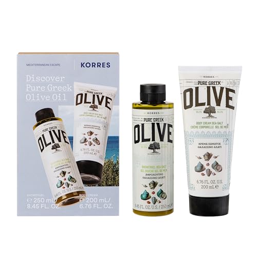 KORRES OLIVE & SEA SALT Körperpflege Set, Vorteilsset für Frauen und Männer aus Duschgel 250 ml und Bodymilk 200 ml, Olive Meersalz Duft, vegan