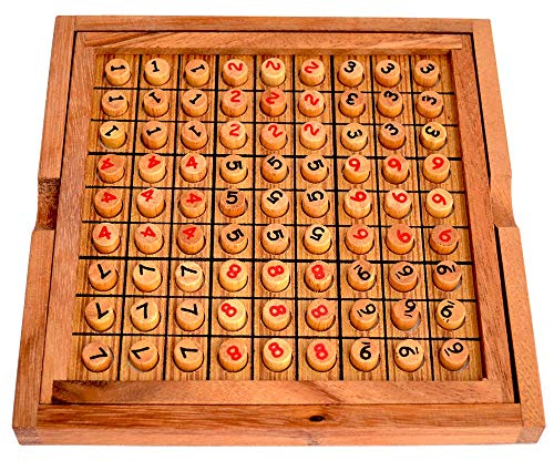 Sudoku Board 9x9 mit Natur Stiften aus Holz und aufgedruckten Zahlen in 2 Farben, strategisches Knobelspiel, Knobelholz Sudoku Brett, Strategiespiel für eine Person, Sudoku Holzspiel