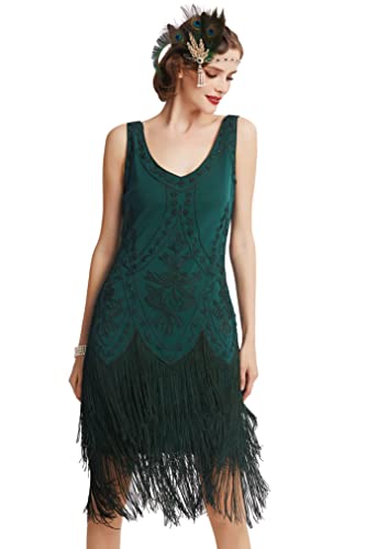 Coucoland 1920s Kleid Damen Flapper Kleid ohne Ärmel V Ausschnitt Knielang Charleston Kleid Gatsby Motto Party Damen Fasching Kostüm Kleid (Dunkelgrün, L)