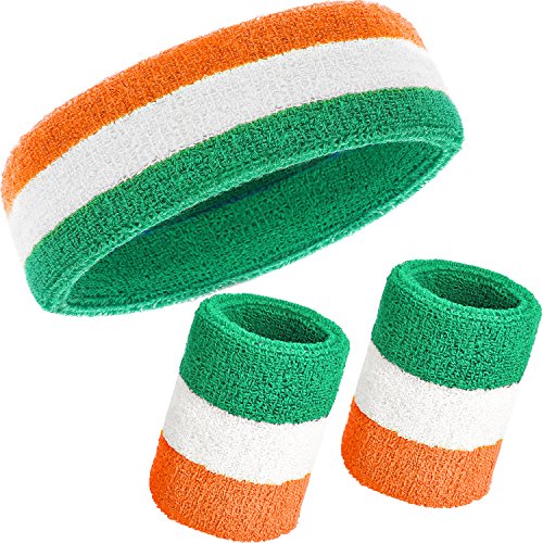 WILLBOND Schweißband-Set, 3-teilig, inkl. Sport-Stirnband und Handgelenk-Schweißbänder aus Baumwolle für sportliche Männer und Frauen, Orange, Weiß und Grün
