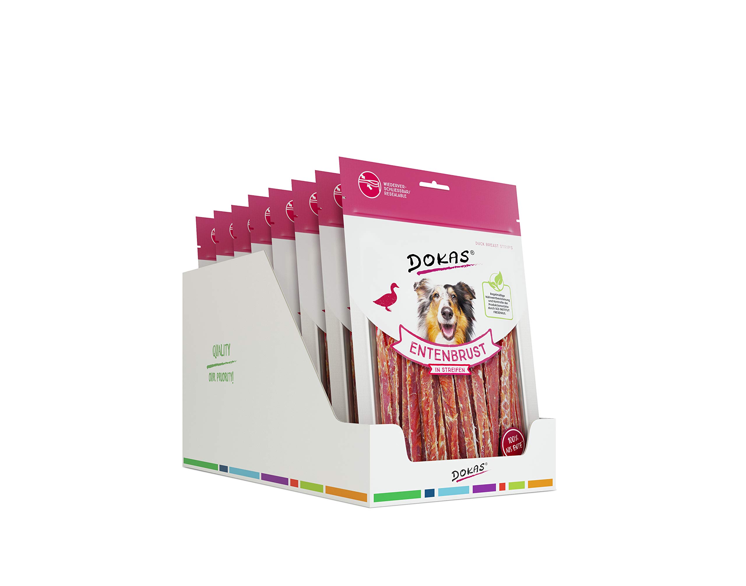 DOKAS Getreidefreier Premium Snack in Streifen für Hunde – Aus Entenbrustfilet, 250 g (8er Pack)