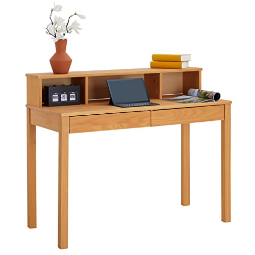 IDIMEX Schreibtisch Lennox, schöner Computertisch mit 3 Nischen, praktischer PC Tisch mit 2 Schubladen, Zeitloser Bürotisch aus massiver Kiefer in braun