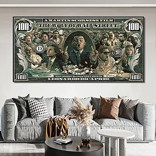 Leinwanddruck Graffiti Street Money Art 100 Dollar Leinwand Malerei Poster und Drucke Wolf der Wall Street Pop-Art für Wohnzimmerdekoration (WG396, 80x160 cm No Frame)