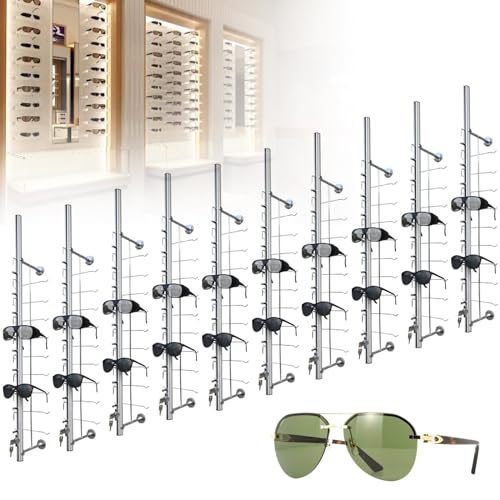 RCBDBSM Brillenständer Sonnenbrille Rack Aluminium, Brillenständer und Brillenhalter für die Wand, Dekorativer Präsentationsständerrahmen (10 Stück/Set, 90 cm, hält 9 Rahmen mit Schloss)