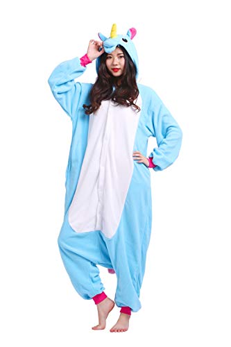 Jumpsuit Onesie Tier Karton Kigurumi Fasching Halloween Kostüm Lounge Sleepsuit Cosplay Overall Pyjama Schlafanzug Erwachsene Unisex Blau Einhorn for Höhe 140-187CM