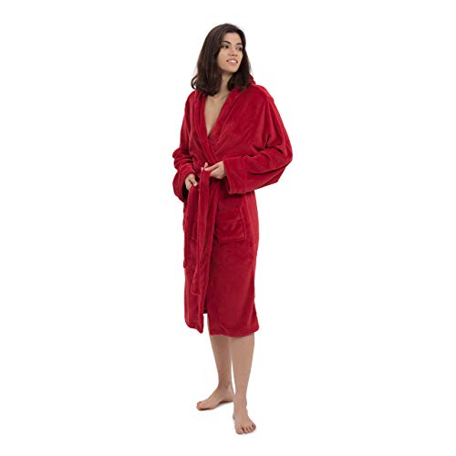 Lumaland Luxury Mikrofaser Bademantel mit Kapuze für Damen und Herren in verschiedenen Größen und Farben Rot XL