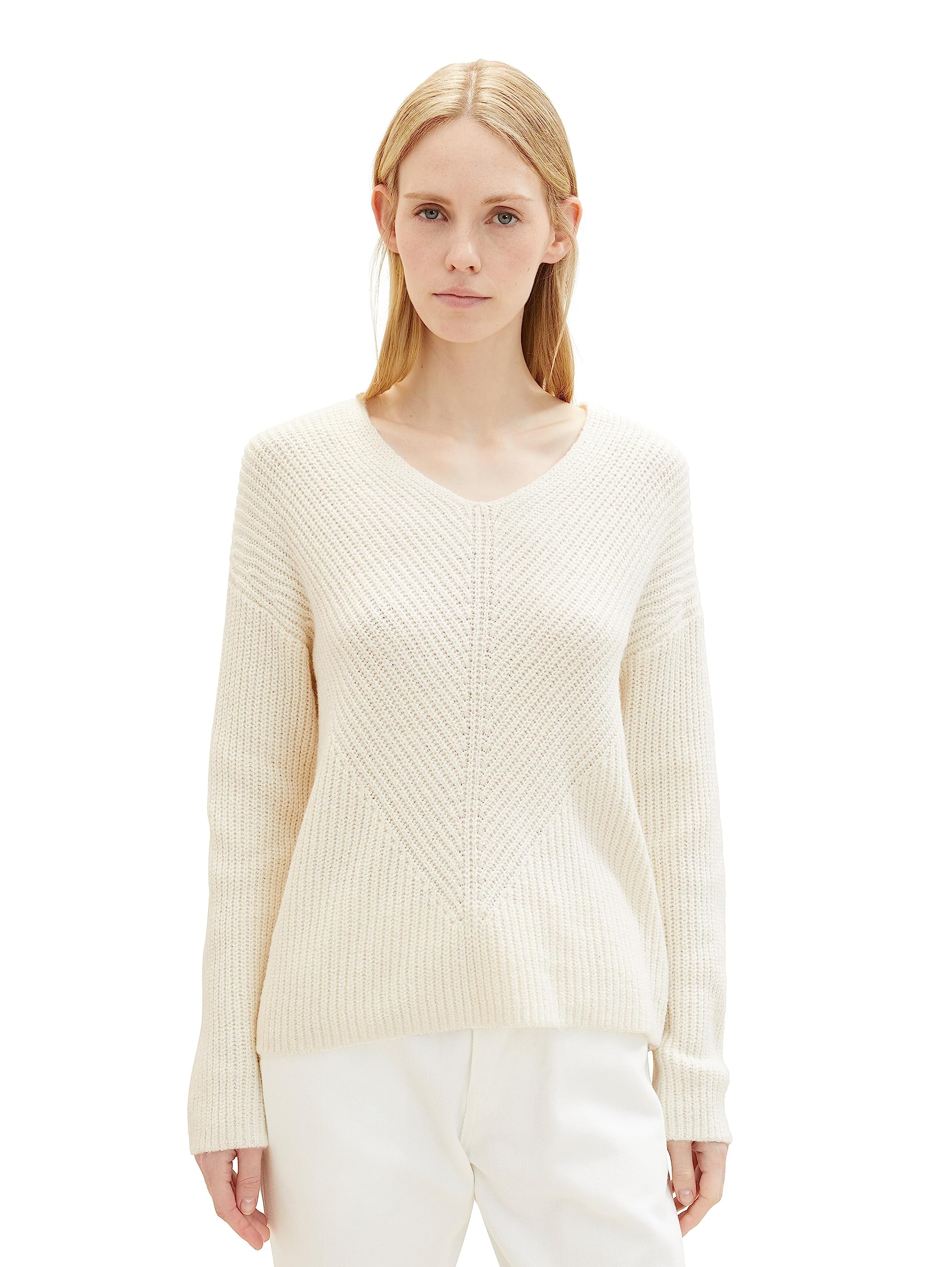 TOM TAILOR Damen 1039242 Basic Pullover mit V-Ausschnitt, 10354-Soft Beige Solid, XXXL