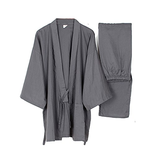 Männer Japanische Stil Robes Loose Pure Baumwolle Kimono Pyjamas Anzug-Grau