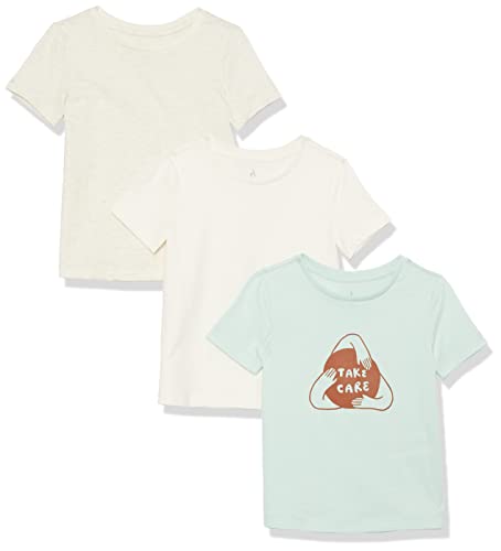 Amazon Aware Mädchen Lockeres Kurzarm-T-Shirt aus Bio-Baumwolle, 3er-Pack, Take Care/Aufdruck, 4 Jahre