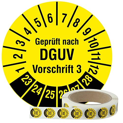 Labelident Mehrjahresprüfplaketten 2023-2028 - Geprüft nach DGUV Vorschrift 3 - Ø 20 mm, 1000 fälschungssichere Prüfplaketten auf Rolle, Dokumentenfolie, gelb, selbstklebend