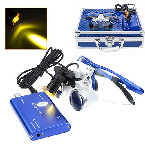 BONEW 3W LED Scheinwerferlampe mit Filter + 2.5x 420mm Arbeitsabstand Chirurgische Binokularlupen Optisches Glas + Aluminiumbox Blau