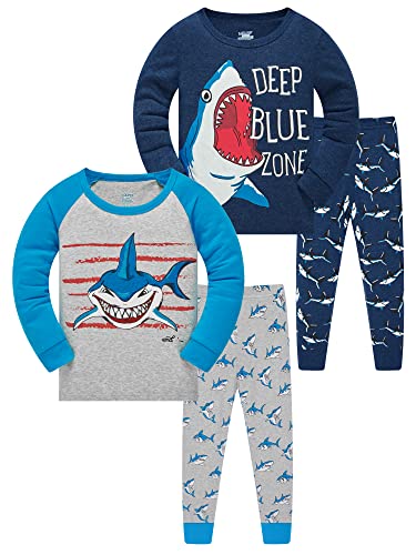 LOLPIP Pyjamas für Jungen 100% Baumwolle Nachtwäsche Haie Bedruckte Nachtwäsche Langarm Kleidung 3-4 Jahre