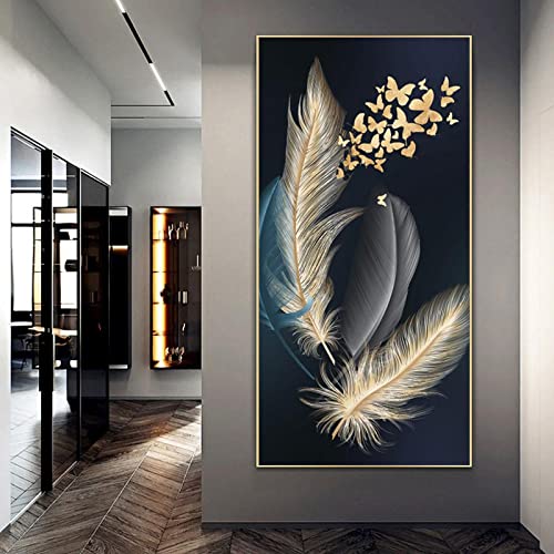 Abstrakte goldene blaue Feder und Schmetterling Kunst Poster Leinwand Gemälde Druck Wandkunst Bild Wohnzimmer Gang Wohnkultur 50 x 100 cm rahmenlos