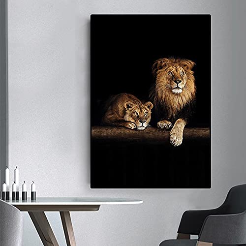 Tiere im Dunkeln, Leinwandbild, afrikanische wilde Löwenfamilie, Poster und Druck, Wandkunst, Bild für Wohnzimmer, Wanddekoration, 70 x 125 cm, mit Rahmen