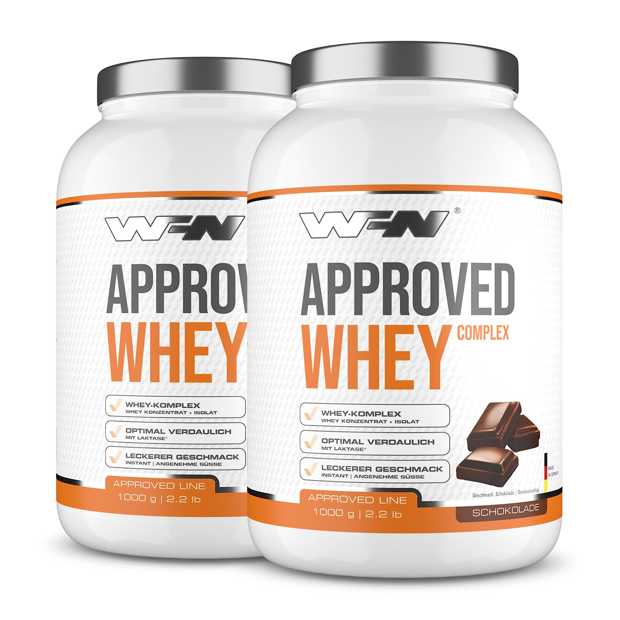 WFN Approved Whey - Whey Proteinpulver - Schokolade - 2x 1 kg - Mit Whey Protein Isolat & Laktase - Sehr gut lösliches Eiweißpulver - 33 Portionen - Made in Germany - Extern Laborgeprüft