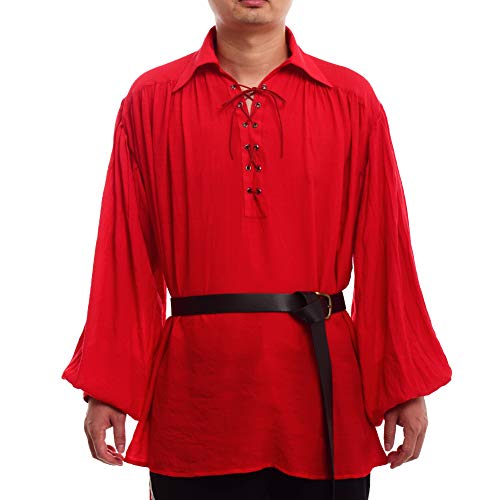 GRACEART Mittelalter Gothic Victorian Piratenhemd Langarmshirt Steampunk Männer Hemd Rot(mit Gürtel),M
