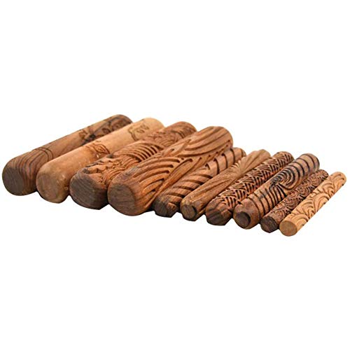 Juwaacoo Keramik-Werkzeuge, Holzgriff-Rollen, Modelliermasse, Rollen, Keramik-Werkzeug-Set mit Mustern, 10 Stück