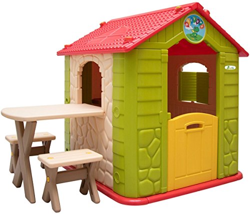 LittleTom Wetterfestes Kinderspielhaus mit Tisch - Kunstoff Spielhaus für Kinder ab 1 Jahr