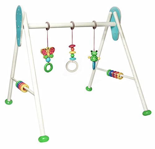 Hess Holzspielzeug 20029 - Spielgerät aus Holz, Serie Frosch, für Babys, handgefertigter Spiel-Bogen mit farbenfrohen Figuren und Rasseln, ca. 62 x 57 x 54,5 cm groß