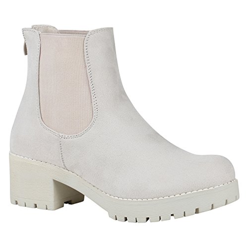 Damen Schuhe Chelsea Boots Blockabsatz Plateau Stiefeletten Leder-Optik 150484 Nude Velours 41 Flandell