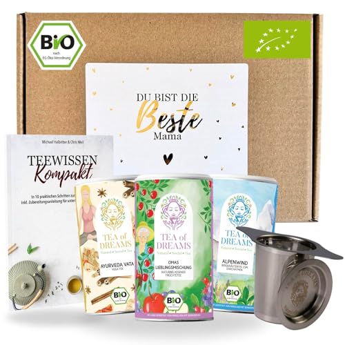 Muttertagsgeschenk 'Beste Mama' Bio-Tee – 3 Bio-Tees, Edelstahl-Teesieb & 48-seitiges Magazin 'Teewissen Kompakt' – Einzigartiges Dankeschön Geschenk für Tee-Liebhaber
