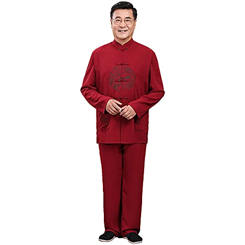 G-LIKE Herren Bestickter Tang Anzug - Traditionelle Chinesische Frühling Herbst Kleidung Kampfkunst Kung Fu Tai Chi Trainingsanzug Langarmhemd Hose Hanfu Uniform für Männer – Baumwolle Leinen (Rot, S)