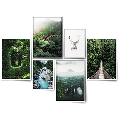 BLCKART Green Forest Bilder Set Stilvolle Beidseitige Pampasgras Bilderwand Natur Landschaft Wohnzimmer Deko Poster Wald (M | 4x A4 | 2x A5 | Holzrahmen (weiß), Green Forest)