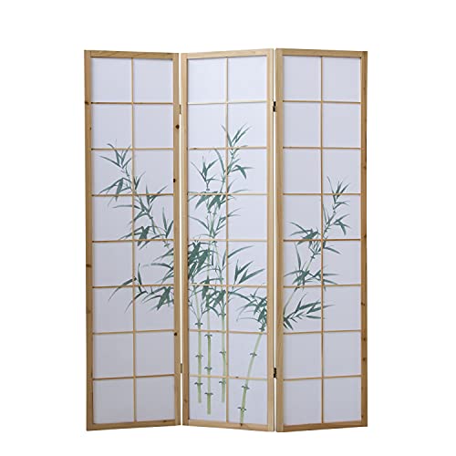 Homestyle4u 264, Paravent Raumteiler 3 teilig, Holz Natur, Reispapier Weiß, Bambus Motiv Grün