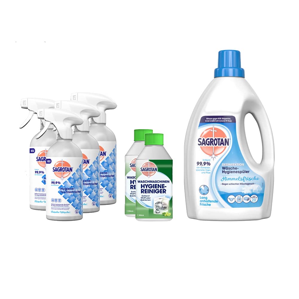 Sagrotan Frische Wäsche Hygiene-Desinfektionsset - 1,5l Wäsche-Hygienespüler Himmelsfrische, 2 x 250ml Waschmaschinen Hygiene-Reiniger, 4 x 500ml Hygiene-Textilerfrischer