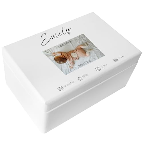 Creative Deco Weiße Foto Erinnerungsbox Baby Holzkiste Personalisiert | 30 x 20 x 14 cm (+/-1cm) | für Geburt & Taufe | Groß Natur Geschenk Spielzeugkiste Holzbox mit Deckel Gravur