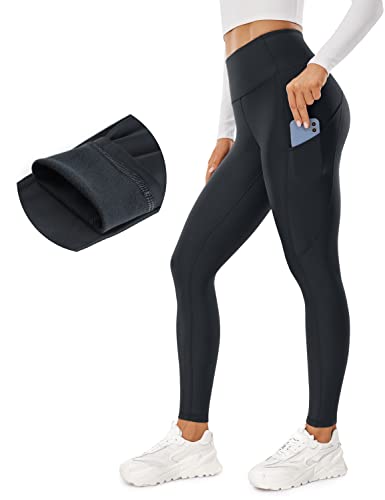 CRZ YOGA Damen Thermo Leggings mit Taschen High Waist Fleece Sport Yoga Leggins Warm Sporthose - 64/71cm Tinte grau 40