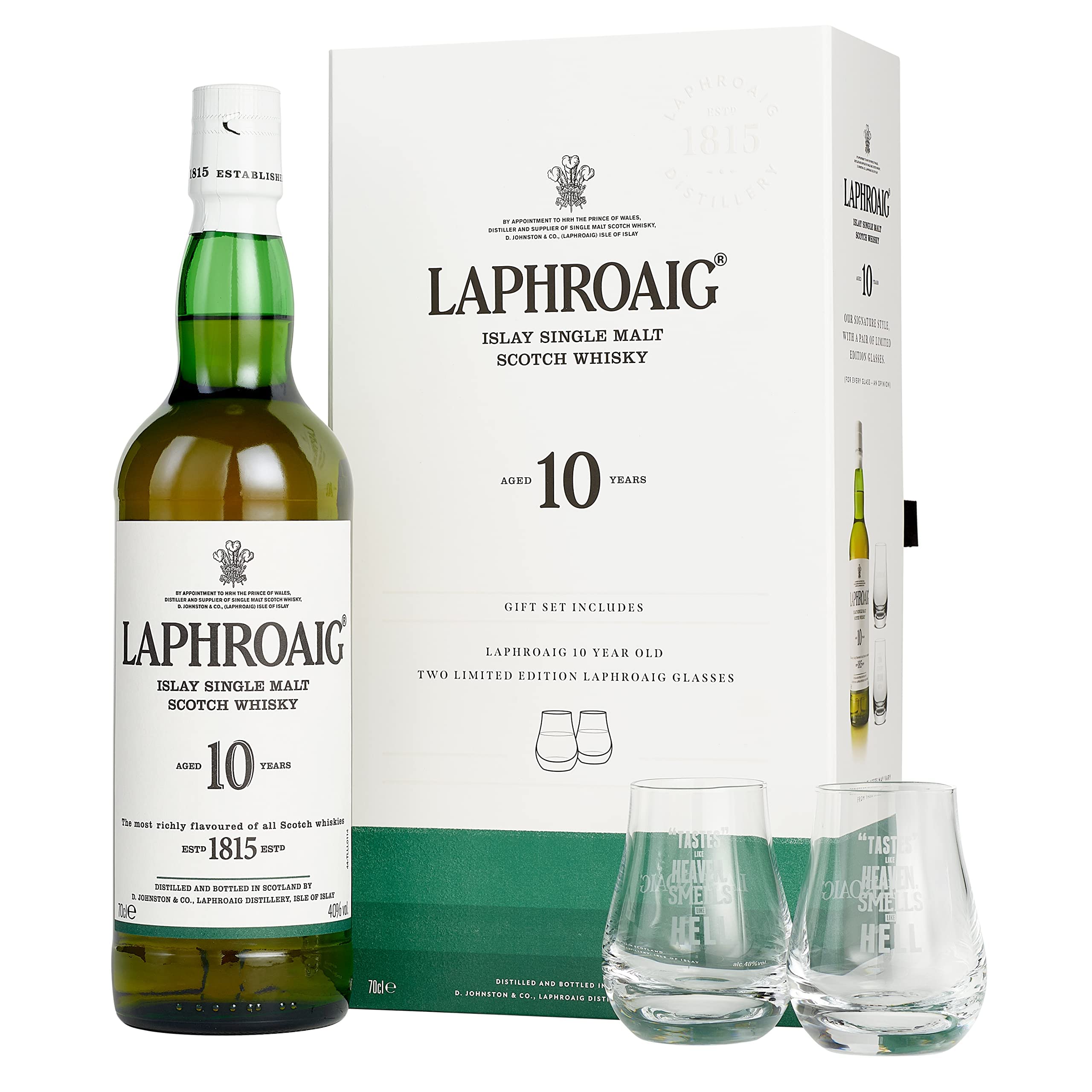 Laphroaig 10 Jahre + 2 Gläser | Islay Single Malt Scotch Whisky | mit Geschenkverpackung | einzigartig rauchig-torfiger Geschmack | 40% Vol | 700ml Einzelflasche + 2 Gläser