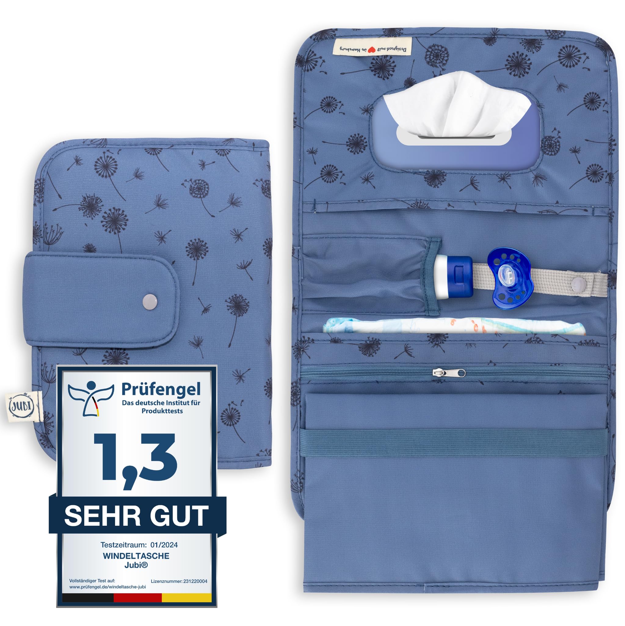 Jubi® Windeltasche mit Wickelunterlage für unterwegs mit extra viel Platz - Kleine Wickeltasche - Blau mit Pusteblumen…