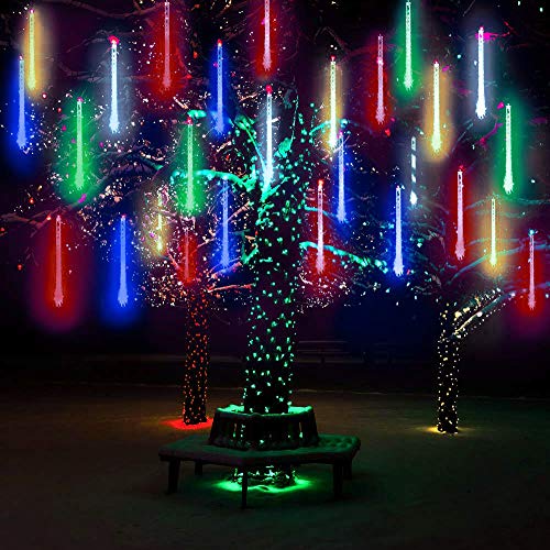 DINOWIN LED Meteor Regen Lichter Außen Lichterkett, Solar wasserdichte 30cm 10Tube 360LEDs, kaskadierende Lichter für Feiertags-Party-Hochzeits-Weihnachtsbaum-Patio-Dekoration (Mehrfarbig)