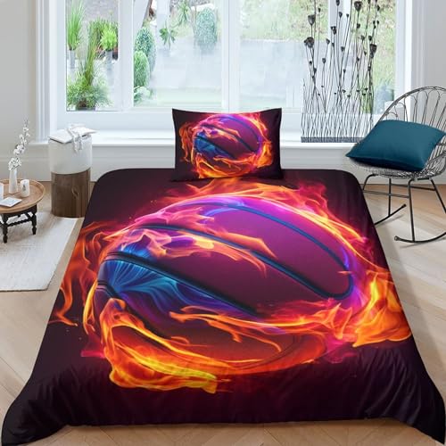 HOTGE Flammender Basketball Bedding 3D Sport-Themen Bettbezug Kissenbezug,Weich Mikrofaser, Bettbezug Set Bettwäsche Mit Reißverschluss Geeignet Für Kinder, Jungen Und Mädchen Single（135x200cm）