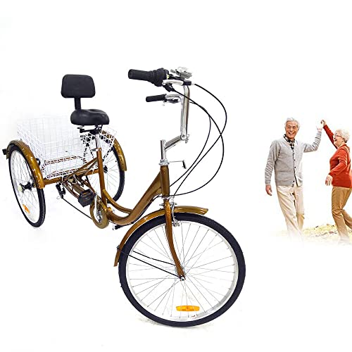 CUMELLIIR Dreirad Fahrrad 24 Zoll, Dreirad für Erwachsene 24 Zoll 6 Gang, Dreirad für Senioren Outdoor mit Rückenlehne und Einkaufskorb, 3-Rad Erwachsene Dreirad Tricycle Fahrrad, Gold