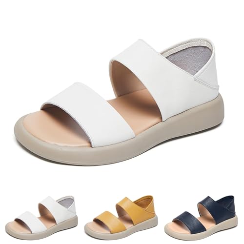 BIUBIULOVE Wearscomffy Neue Damen-Sandalen Aus Echtem Leder Mit Dicker Sohle, Asaruley-Sandalen, Bequeme Orthopädische Sandalen Mit Fußgewölbeunterstützung (Weiß,39)