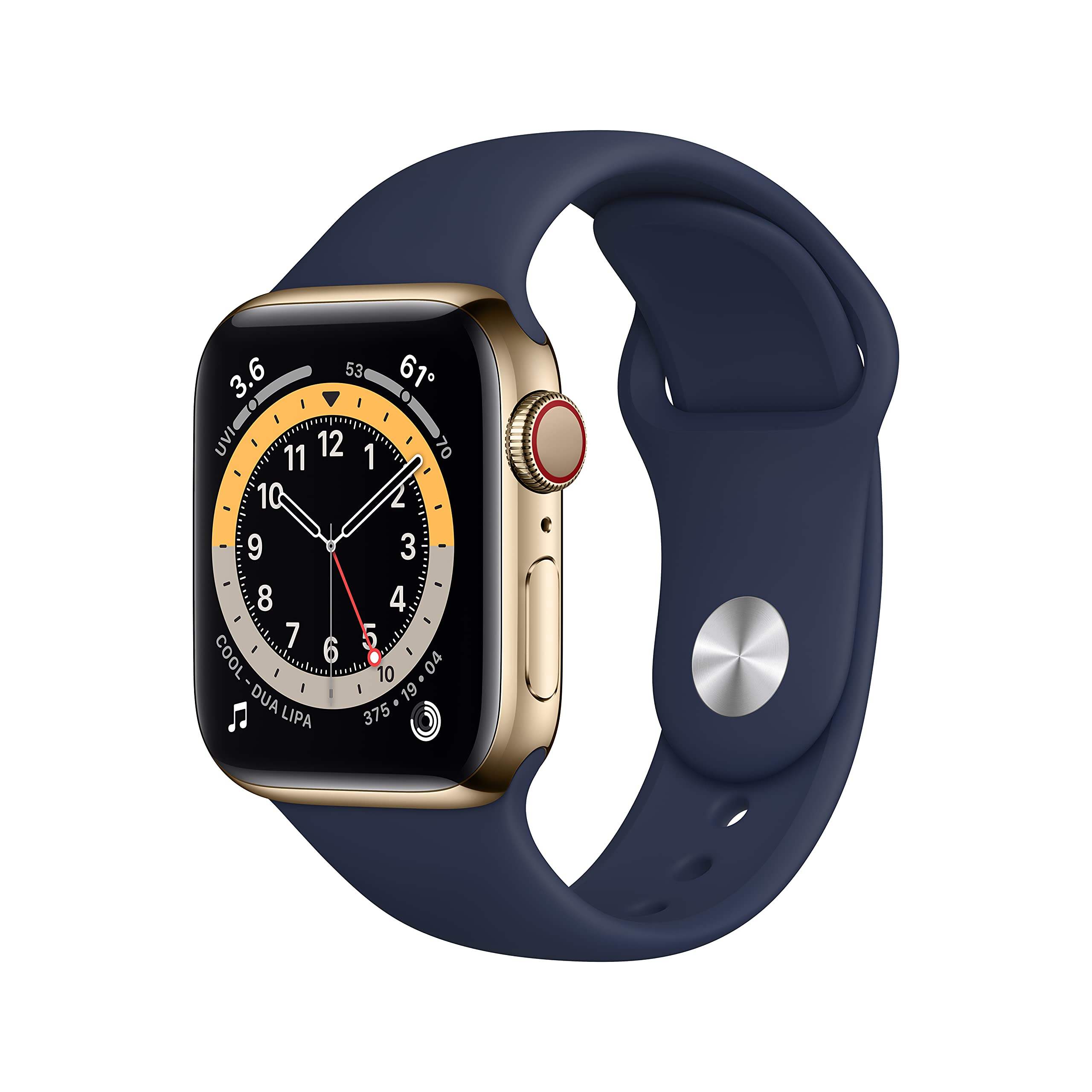 Apple Watch Series 6 (GPS + Cellular, 40 mm) – Goldfarbenes Edelstahlgehäuse mit tiefem marineblauen Sportarmband. (Generalüberholt)
