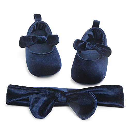 Carolilly Baby-Schuhe, für erste Schritte, Bowknot, für Babys, Prinzessinnen, rutschfest, mit Stirnband, Blau 12-18 Monate