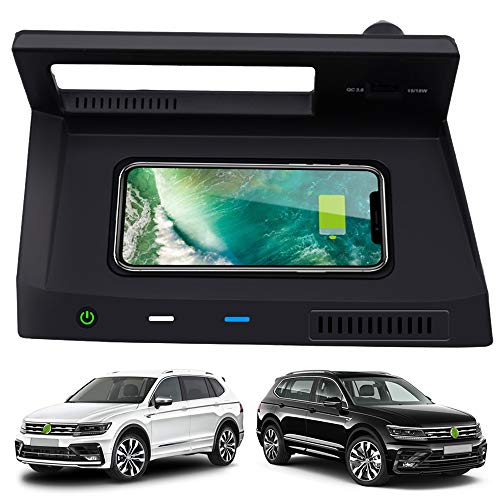 Braveking1 Kabelloses Ladegerät Auto für VW Tiguan L 2017 2018 2019 2020 Center Console-Zubehörfeld, 10W Qi Schnell-Ladegerät Pad mit QC 3.0 USB Port für iPhone 12/11/XS/XR/X/8, Samsung S20/S10/S9/S8