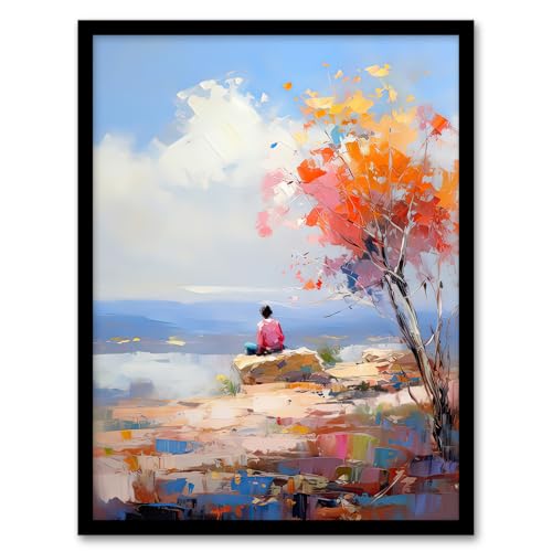 Summit Viewpoint with Lone Autumn Tree Oil Painting Orange Pink Blue Taking in The Serene Mountain Landscape Artwork Framed Wall Art Print A4